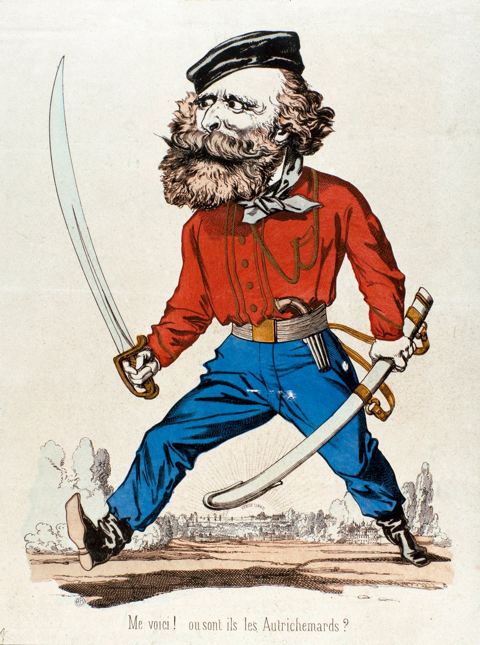 Giuseppe Garibaldit (1807-1882), a Risorgimento olasz hazafiát és hősét ábrázoló rajzfilm „” Én hangom! ou sont les Austrihemards””” Metszet a 19. századi magángyűjteményből - Giuseppe Garibaldi (1807-1882), olasz hazafi és Riso alkotó: Unknown artist