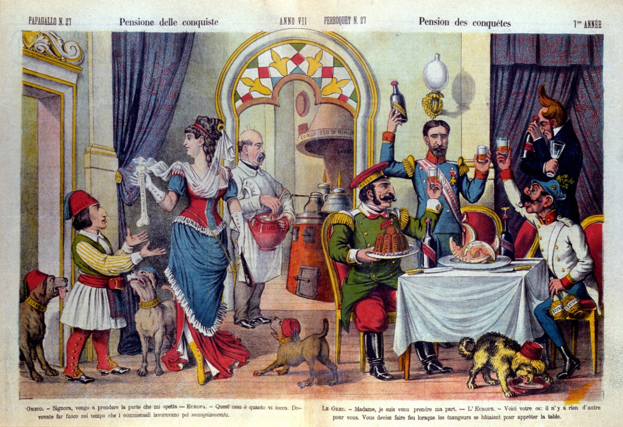 A „Le Parroquet” (il Pappagallo) olasz újság rajzfilmje az 1878-as berlini kongresszusról (Congresso di Berlino) (Diplomáciai Konferencia). A berlini kongresszuson felülvizsgálták Oroszország Törökországgal szembeni igazságtalanságát: a törökök kénytelenek alkotó: Unknown artist