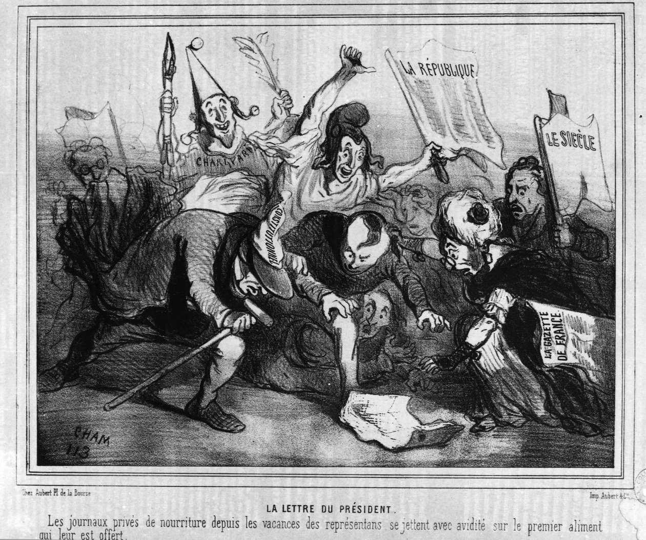 Karikatúra az 1848. december 10-i első elnökválasztás választási kampányáról az újságok csatájával. alkotó: Unknown artist