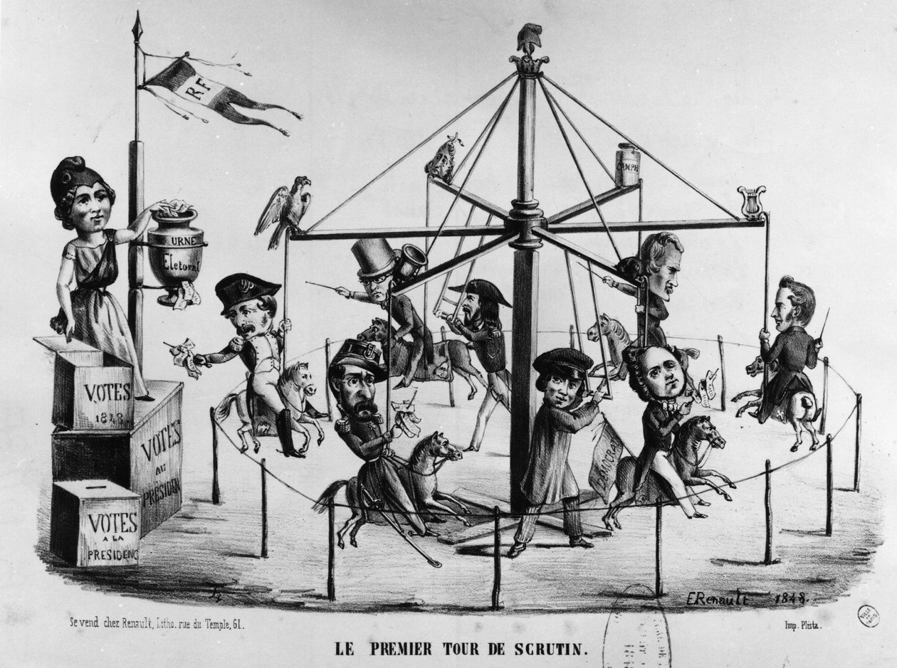 Rajzfilm az 1848-as elnökválasztás első fordulójáról. Louis-Napoleon Bonaparte a sassal szimbolizált... alkotó: Unknown artist