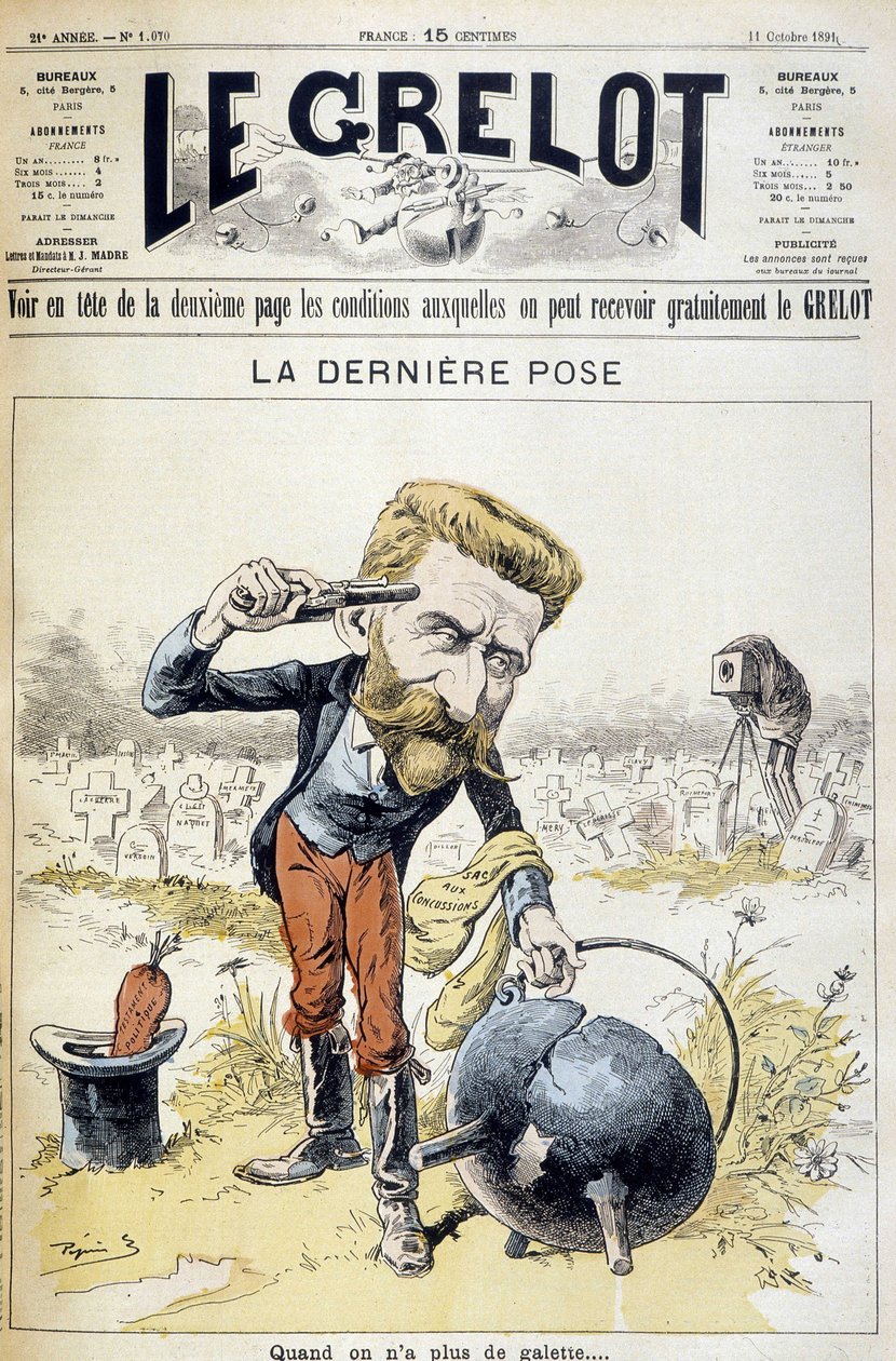 Rajzfilm Boulanger tábornok öngyilkosságáról – az 1891. 11. 10-i „” Le Grelot” című filmben alkotó: Unknown artist