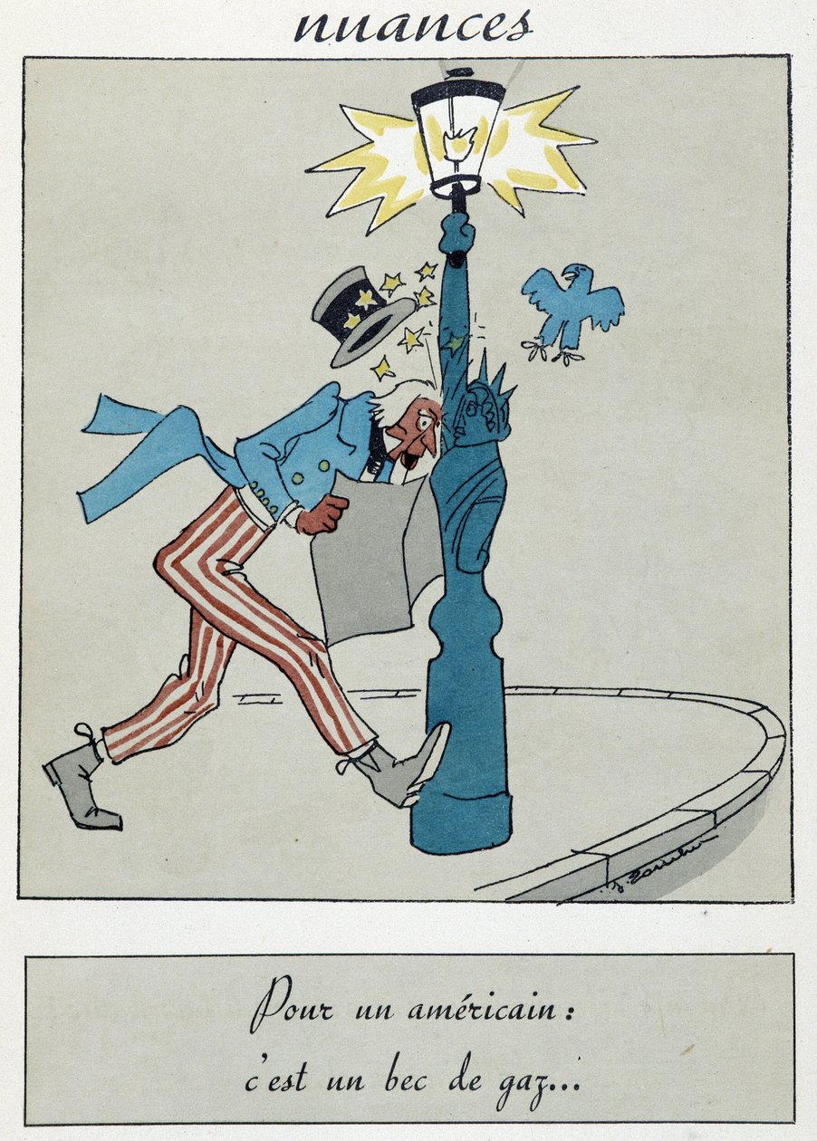 Rajzfilm, amely a Szabadság-szobrot mutatja gázcsőrrel a fáklyát helyettesítve. alkotó: Unknown artist