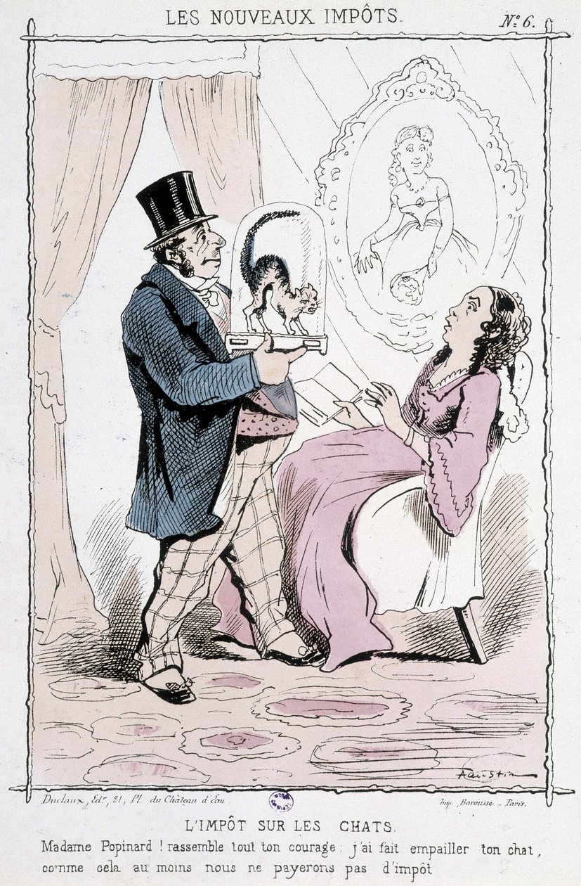 Macskaadó: "" Madame Papinard! Szedje össze minden bátorságát. Kitömtem a macskádat, így legalább nem fizetünk adót”” - karikatúra alkotó: Unknown artist