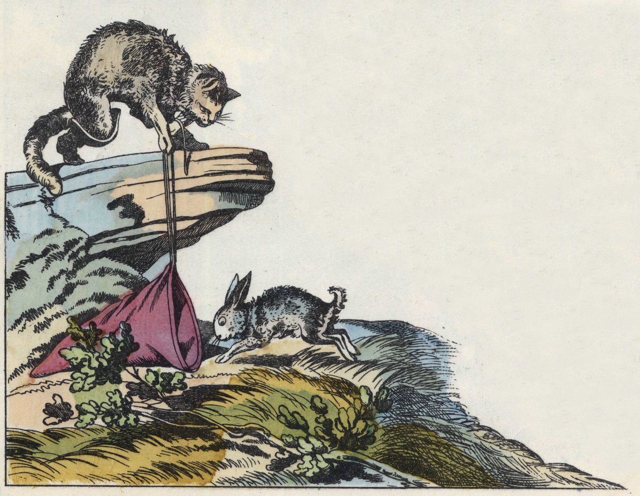A macska csapdába ejt egy nyulat. Illusztráció Charles Perrault „The cat botte” című meséjéről alkotó: Unknown artist