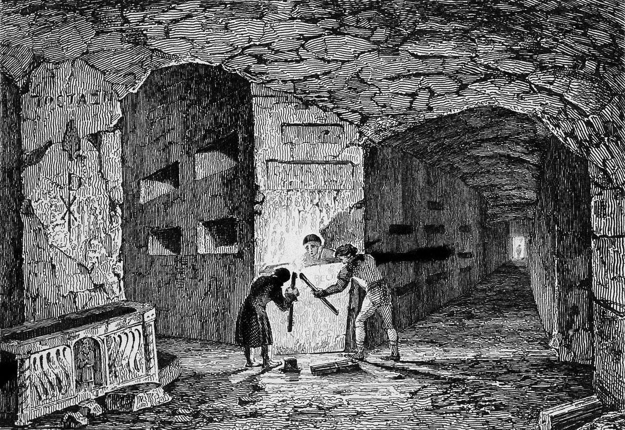 Róma katakombái. Metszet 19. század. alkotó: Unknown artist