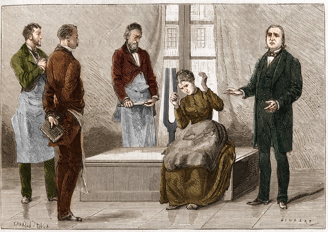 Hang hatására keletkező katalepszia (Diapason). Jean Martin Charcot francia neurológus (1825-1893) (jobbra) hipnózist mutat be egy betegen a Salpetriere kórházban. Az illusztráció az 1879-es „” Természet”-ből származik alkotó: Unknown artist