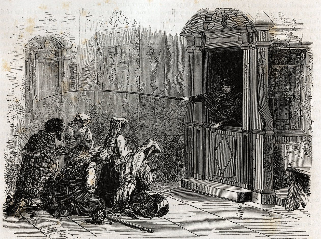 Katolikus gyakorlók imádkoznak, közönséges bűnbánatot kapnak, ostorokat kap a pap a fülkéből. Ludovic Celler 1863-as római nagyhét történetét illusztráló metszet a „Le tour du monde, nouveau Journal des voyages” publikációban alkotó: Unknown artist