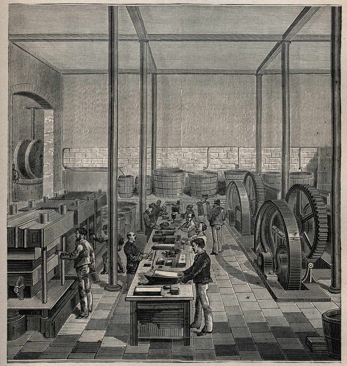 Celluloid: celluloid gyártás. Metszet 1885-ből Adolphe BITARD „Les arts et metiers illustres” című könyvében. alkotó: Unknown artist