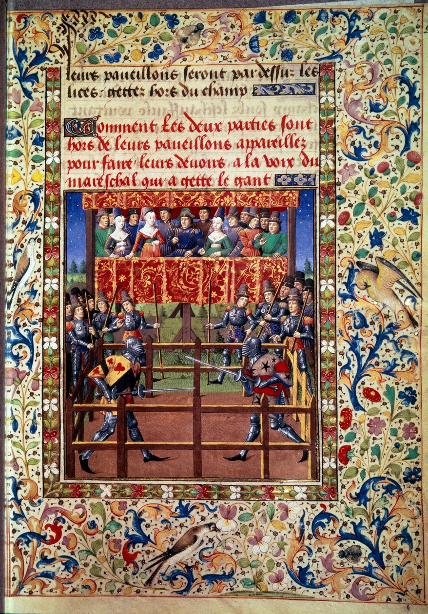Szertartások és szertartások a csata zálogaként: párbaj zárt mezőben két lovag között Miniatűr Jean de Rolin kéziratából (15. század) 1460 Paris, B.N. alkotó: Unknown artist