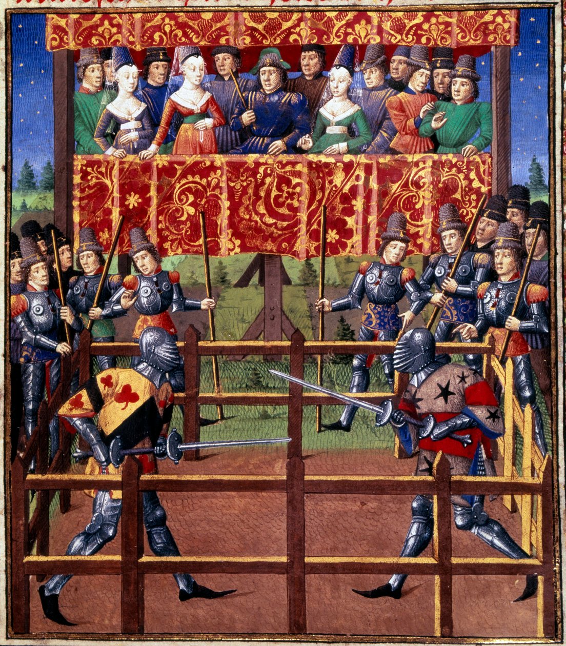 Szertartások és szertartások a csata zálogaként: párbaj zárt mezőben két lovag között Miniatűr Jean de Rolin kéziratából (15. század) 1460 Paris, B.N. alkotó: Unknown artist