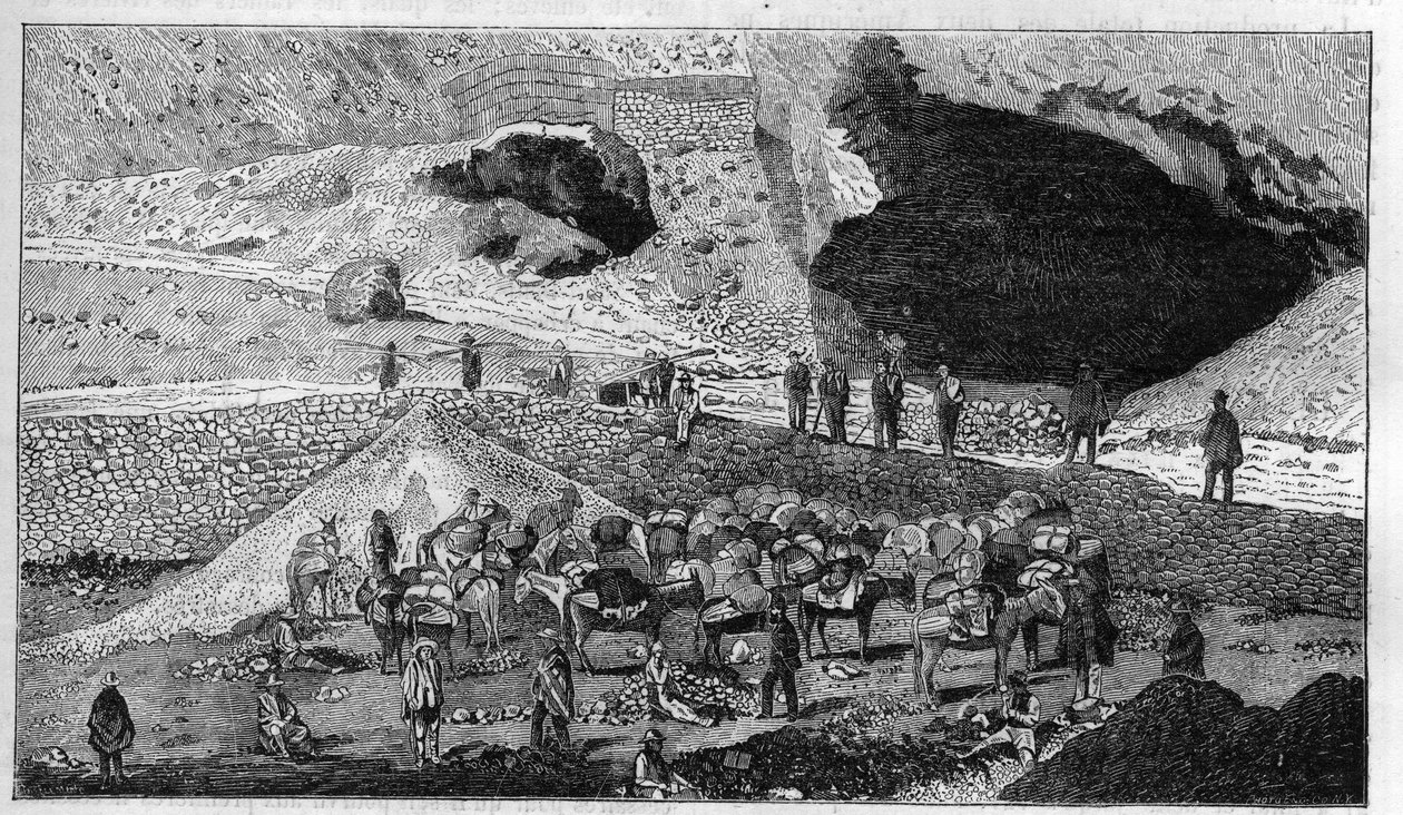 Cerro de Pasco ezüstbánya Peruban: ércszállítás a Mulet hátán. Metszet a "" La Nature"-be alkotó: Unknown artist