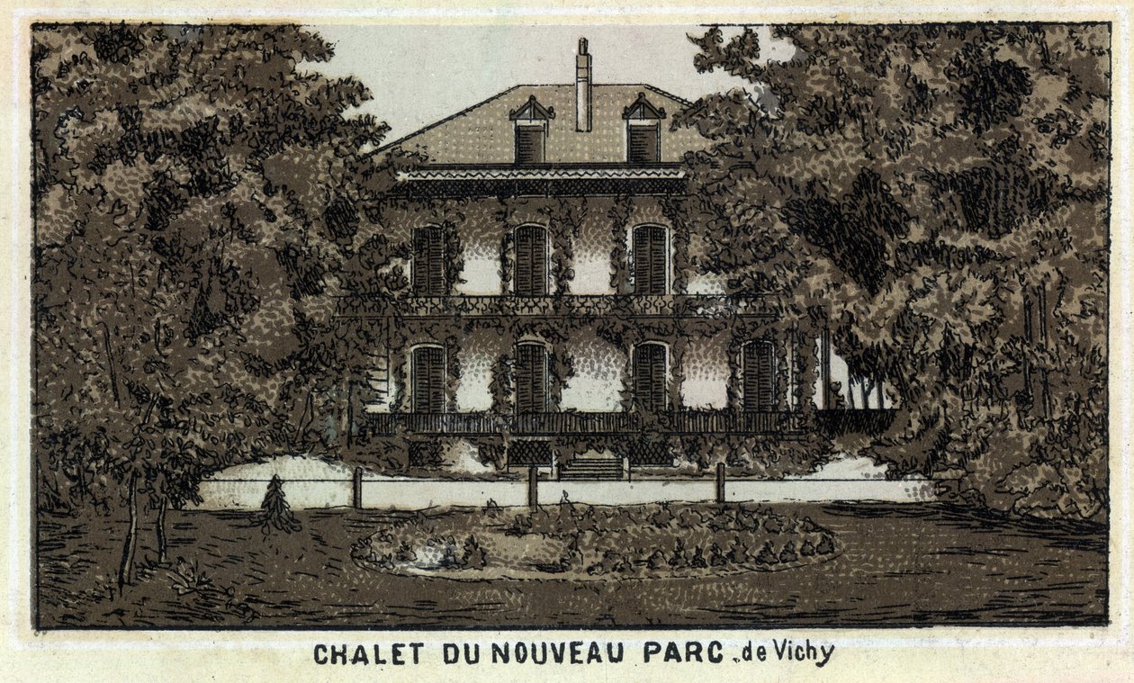 Az új Vichy park faháza (Allier és az Auvergne régió). A 19. század végének kromolitográfiája. alkotó: Unknown artist