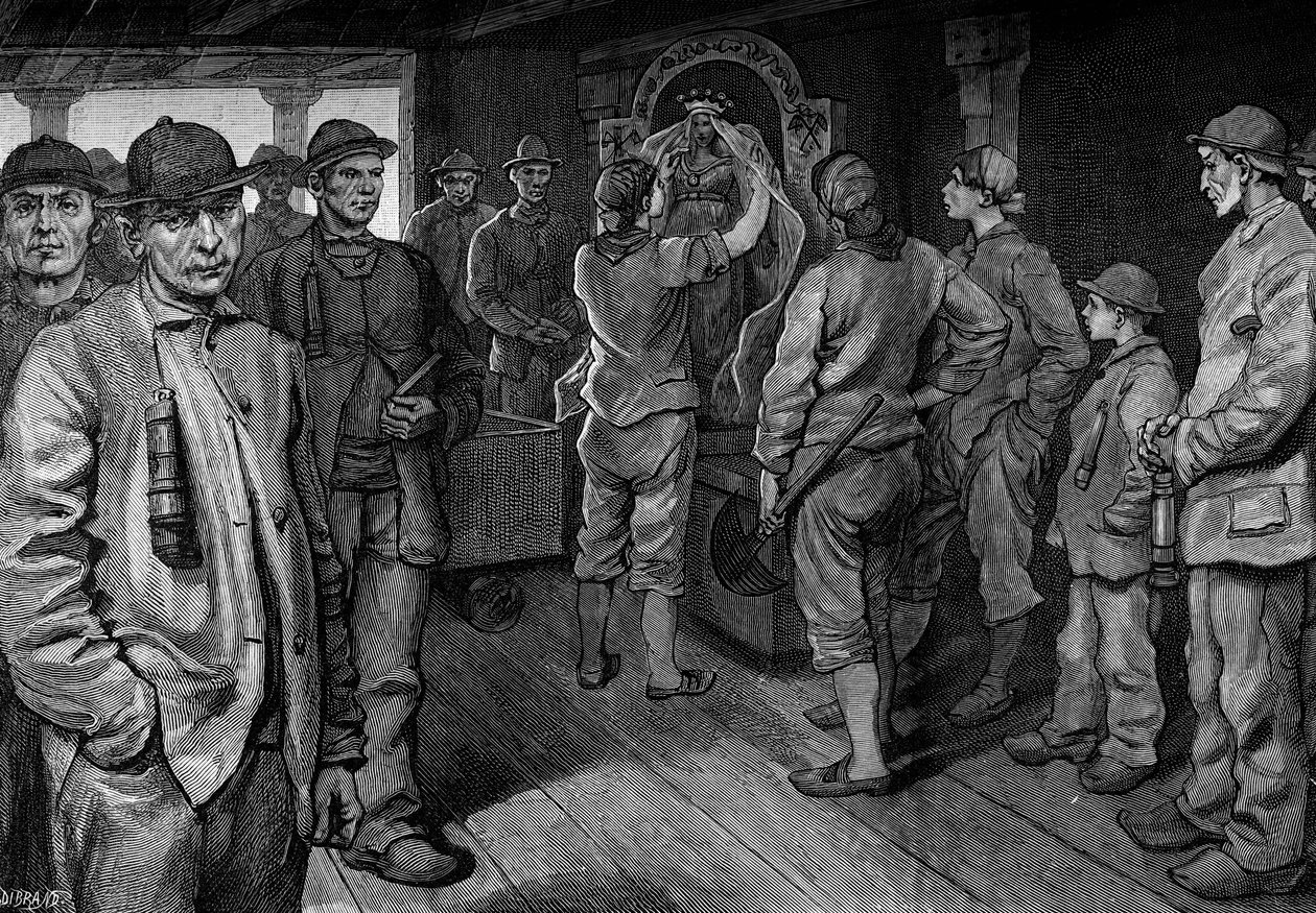 Szent Barbe szobrát díszítő Charbonnieres. Metszet a „The Journal of Youth”-ban alkotó: Unknown artist