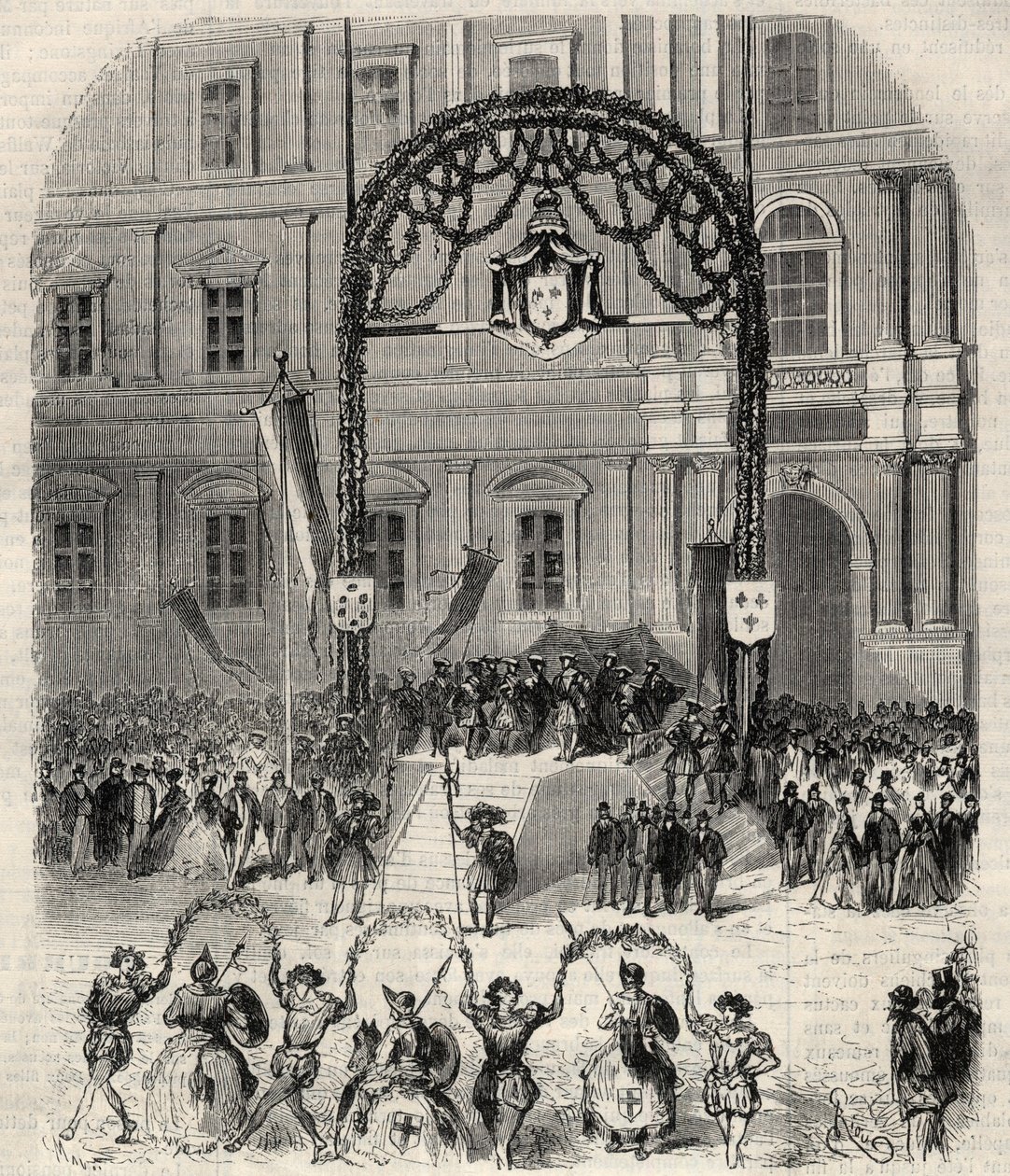 Jótékonysági lakomák Marseille-ben I. Ferenc érkezésének emlékére, ahol találkozott VII. Kelemen pápával: farandole dansee, Saint Ferreol (Saint-Ferreol) I. Ferenc király lelátója előtt. Metszet a „” L