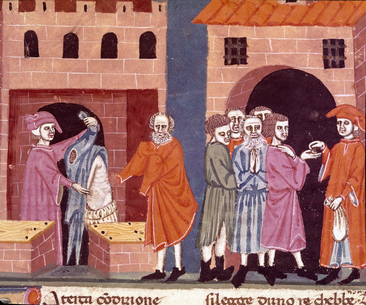 Jótékonyság a középkorban: „” állami segítség””. Jótékonysági és szegények segítésének színtere. A firenzei iskola miniatúrája a „Pater noster” olasz fordításából, Ser Zucchero Bencivenni firenzei közjegyzőtől, 14. eleje alkotó: Unknown artist
