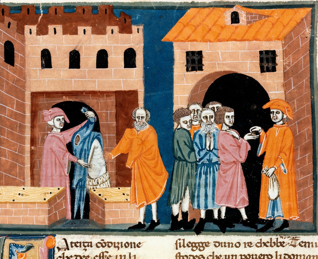 Jótékonyság a középkorban: „” állami segítség””. Jótékonysági és szegények segítésének színtere. A firenzei iskola miniatúrája a „Pater noster” olasz fordításából, Ser Zucchero Bencivenni firenzei közjegyzőtől, 14. eleje alkotó: Unknown artist