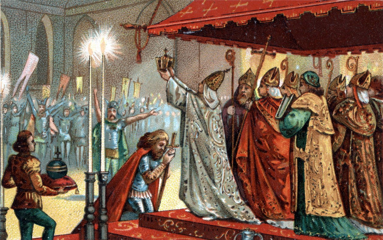 Leó pápa (750-816) koronázta meg Nagy Károlyt (742-814) a római Szent Péter-bazilikában 800. december 25-én - Nagy Károly (742-814) szent (742-814) 800-ban III. Leó pápa által. alkotó: Unknown artist