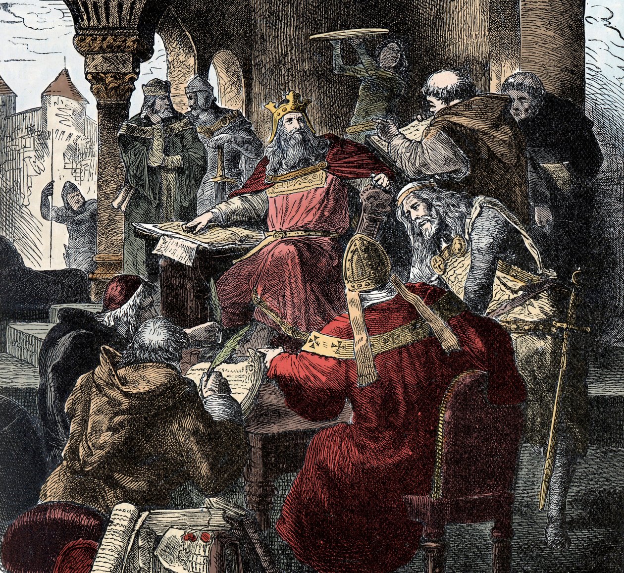 Nagy Károly (742 - 814) a trónján a Palotaakadémia felett (metszet) alkotó: Unknown artist