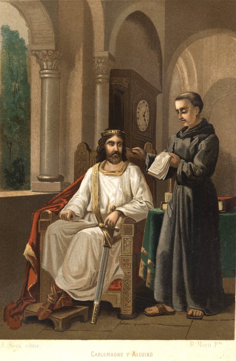 Nagy Károly (747-814), a frankok királya és a Nyugat császára, valamint Alcuin (kb. 781). Louis Figuier „La Ciencia y sus Hombres” című műve után. Barcelona 1881 alkotó: Unknown artist