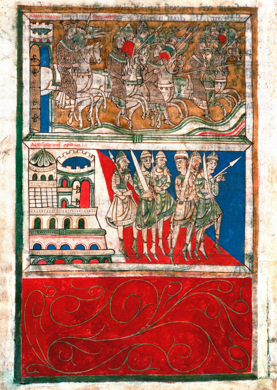 Nagy Károly és lovagjai elhagyják Aachent, és Santiago de Compostela miniatúrába mennek a „Codex Calixtinus”-ból” (Szent Jakab könyve), 1140 körül. fol. 162 kontra Santiago de Compostela székesegyházának archívuma (Santiago de Compostela), Spanyolország alkotó: Unknown artist