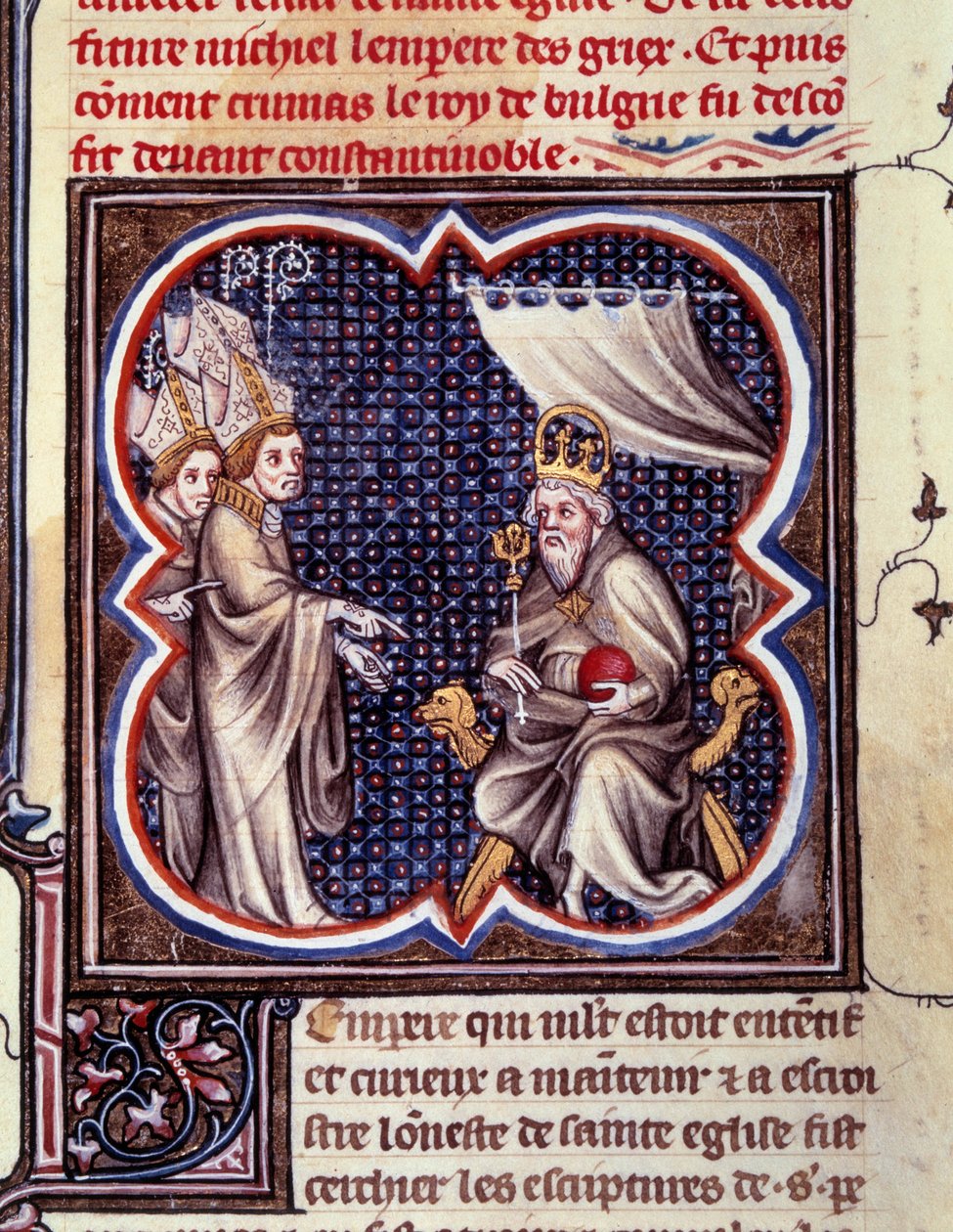 Nagy Károly és a püspökök. Miniatűr a "" Grandes Chronicles de France-ban. V. Károly Grandes Chronicles de France” (102. fólió), 1375-1380 körül. BN, Párizs alkotó: Unknown artist