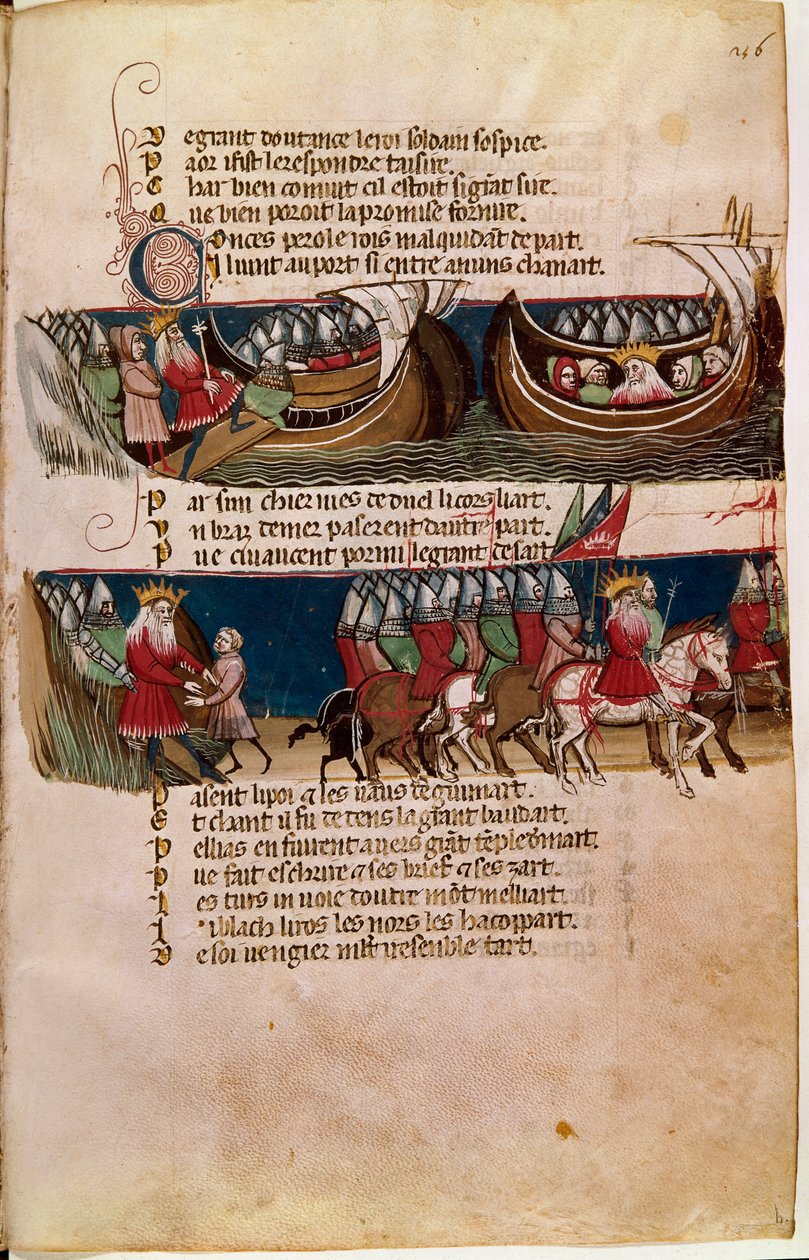 Nagy Károly felhajózik egy hajóra, és lent vezeti seregét hódításai során (Miniature alkotó: Unknown artist