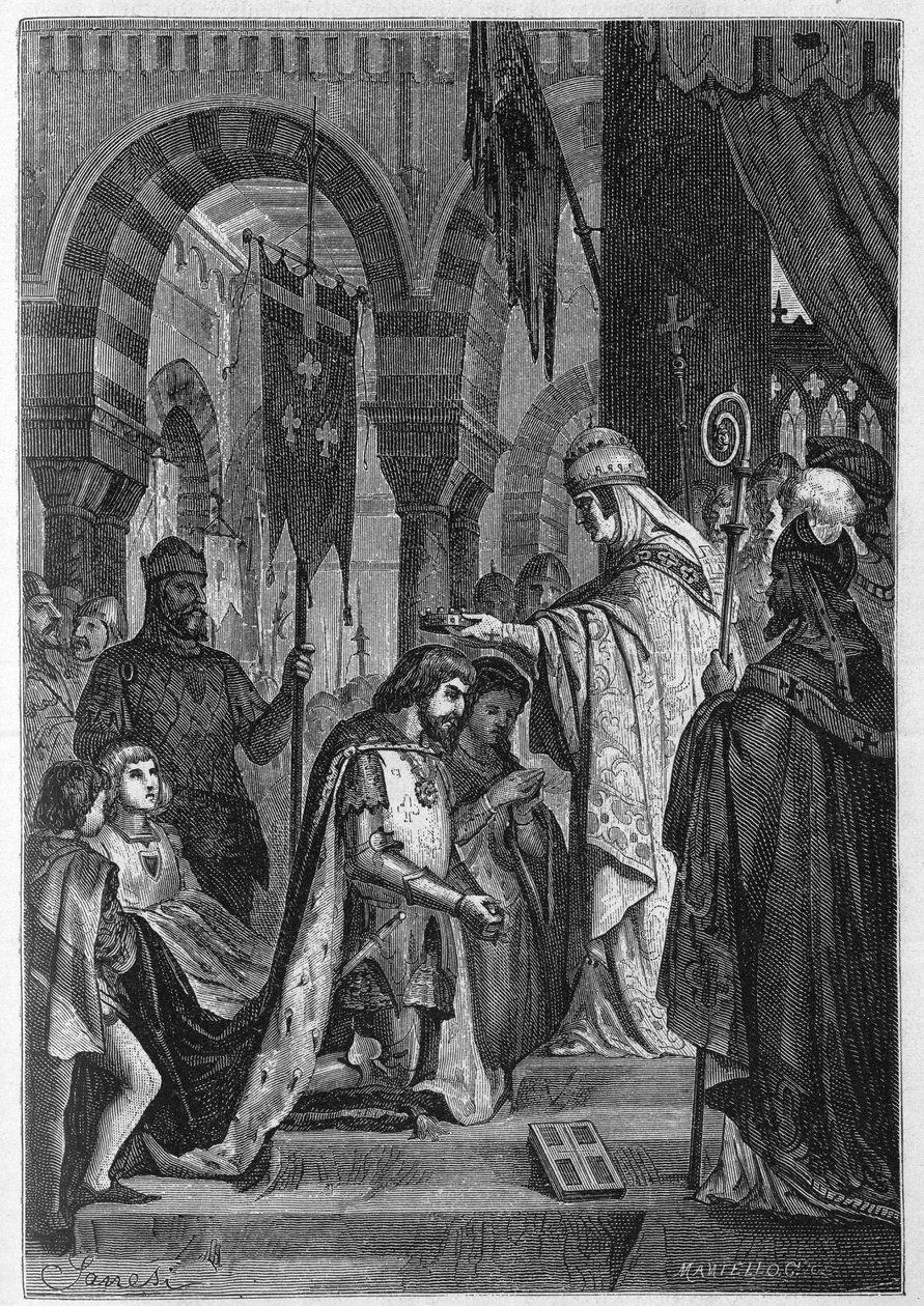 Anjou I. Károlyt (I. Szicíliai Károly) (1226-1285) IV. Kelemen pápa (1195-1268 v.) 1265. június 28-án befektette a Szicíliai Királyságba. alkotó: Unknown artist