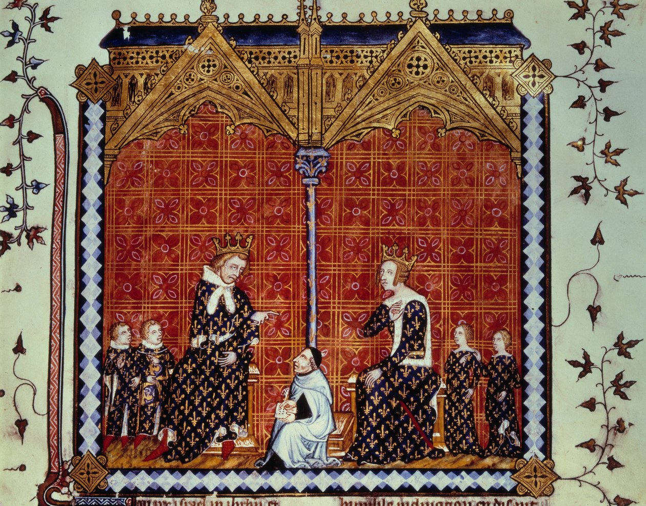 Bölcs V. Károly és Jeanne de Bourbon, gyermekeikkel körülvéve. Miniatűr a „Rational des divins offices””” Folio 1 kéziratból, Guillaume Durand leírása és Jean Golein fordítása alkotó: Unknown artist