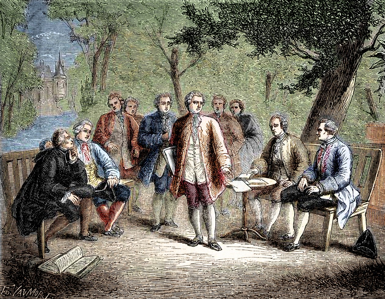 Charles de Secondat Montesquieu tudományos cenákulumával a Clairac-kastélyban, Franciaország - A Clairac-kastély tudományos cenákuluma: Montesquieu és báró de Secondat, az övé, Vivens lovagja, Romas és a Dutilh testvérek - az „Album de la Science; én alkotó: Unknown artist