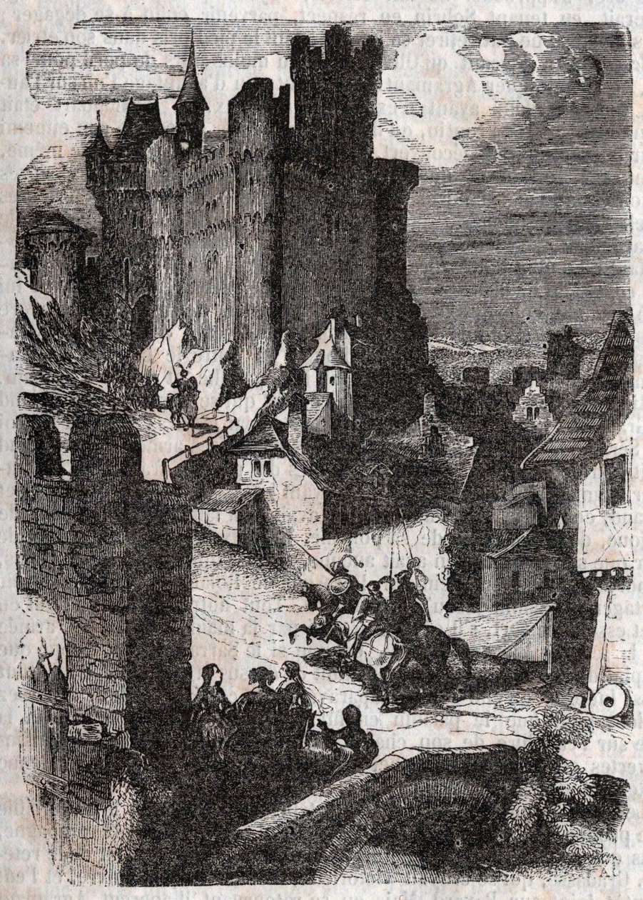 Chateau de Marganor – Ludovico Ariosto (16. század) „” Roland furieux” (Orlando furioso) metszete (16. század), Ariosta néven ismert – Tressan gróf olasz nyelvről fordított kiadása, Gustave Harvard 1851. alkotó: Unknown artist