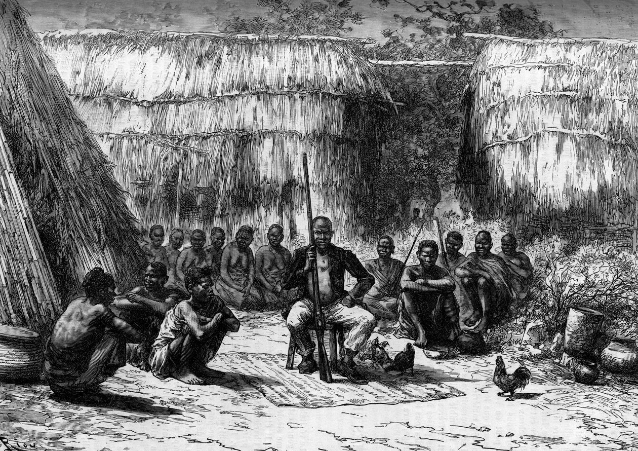 Makoloko séf körülveszi udvarát Afrikában. Metszet a „The Journal of Youth”-ban alkotó: Unknown artist