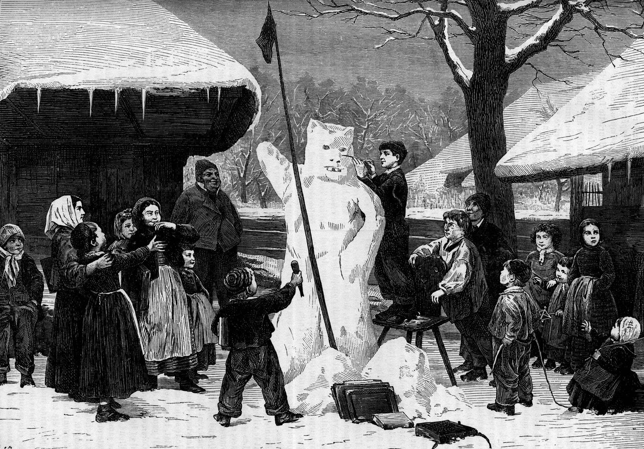 Gyerekek hóembert készítenek egy faluban az Alpokban. Metszet a „” Le Journal de la jeunesse”-be alkotó: Unknown artist