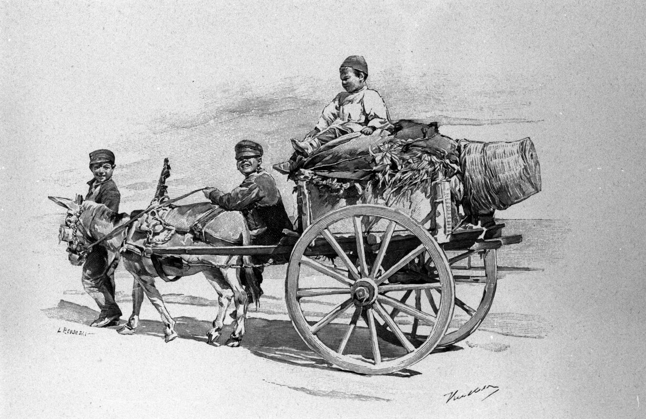 A nép gyermekei egy szamár által húzott szekéren. Szicíliai metszet a XIX alkotó: Unknown artist