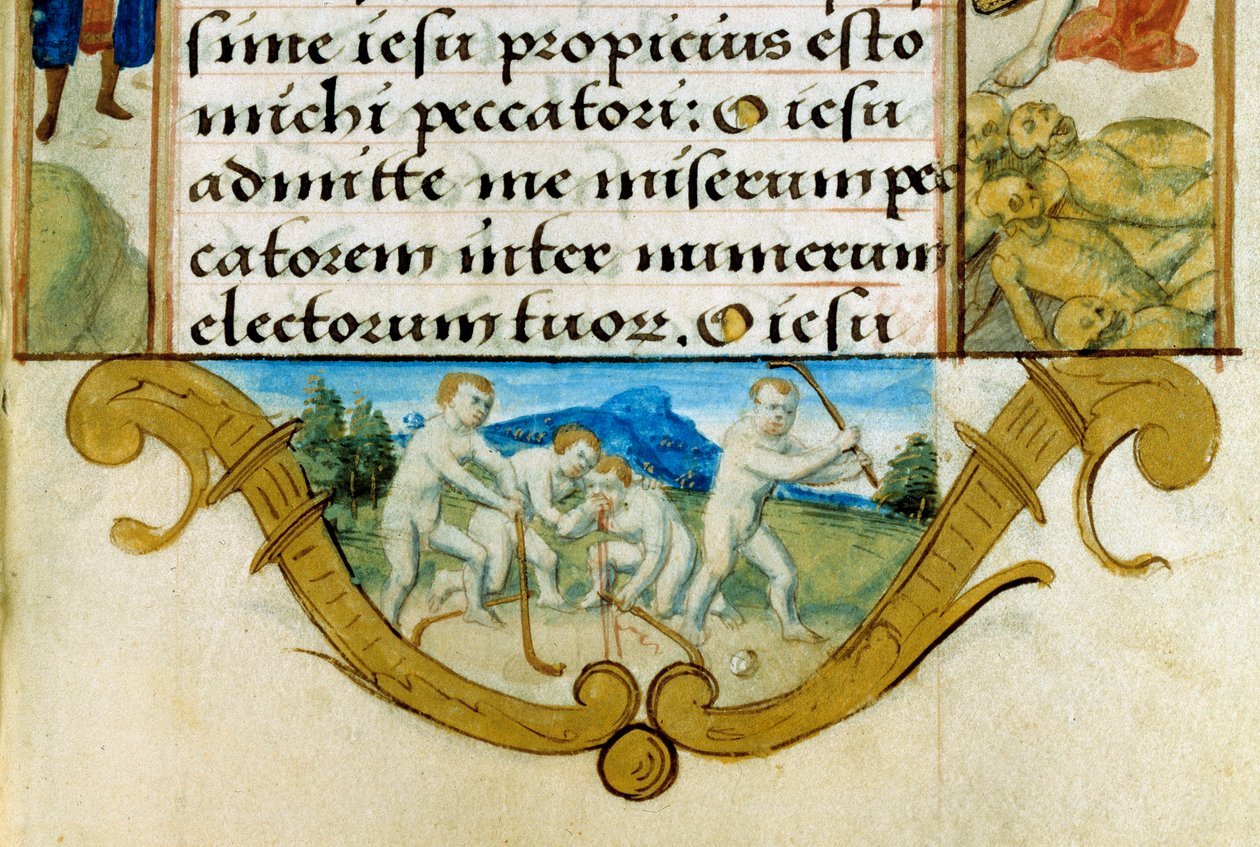 Labdajátékot játszó gyerekek, jégkorong őse. Részlet egy miniatúráról az Anjou család Órakönyvéből alkotó: Unknown artist