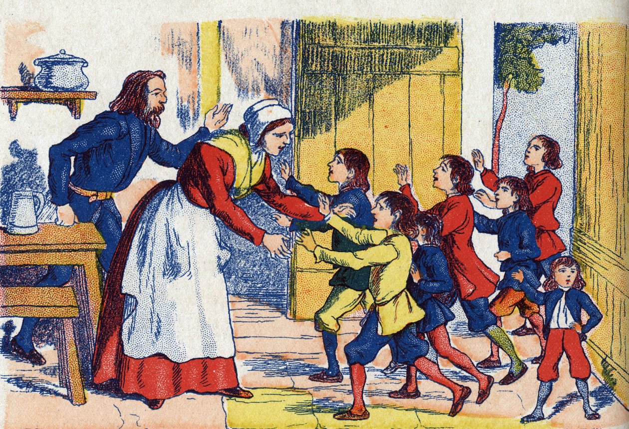 Gyermekek visszatérése, illusztráció a „Le Pepetit poucet”-hez”, Charles Perrault (1628-1703) francia író meséje. Névtelen illusztráció. Képek Marcel Vagne, Jarville Nancy, dátum nélküli (19. század vége). alkotó: Unknown artist