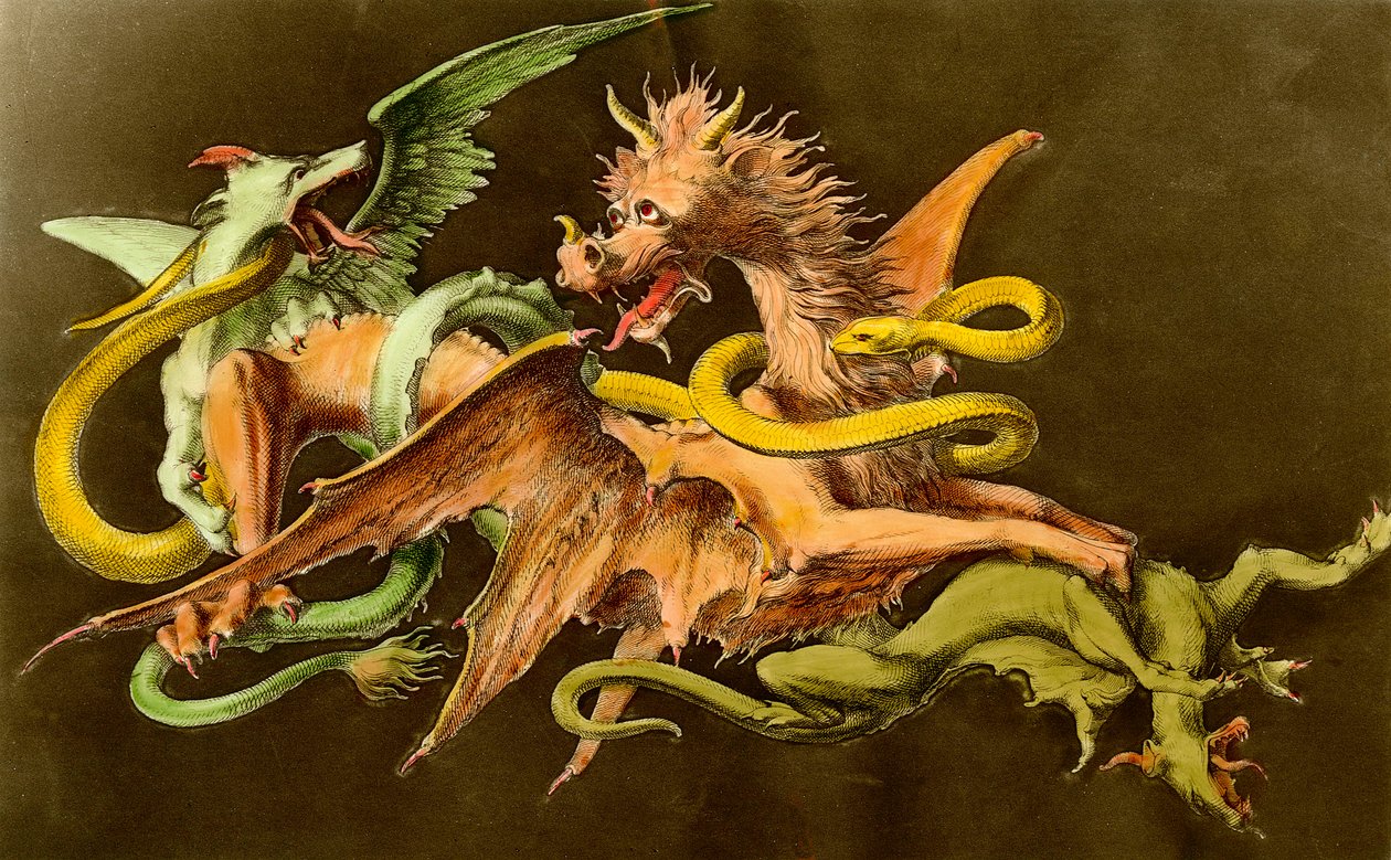 Chimeres Egy sárkány két szörny ellen harcol. Metszet a 19. századból. alkotó: Unknown artist
