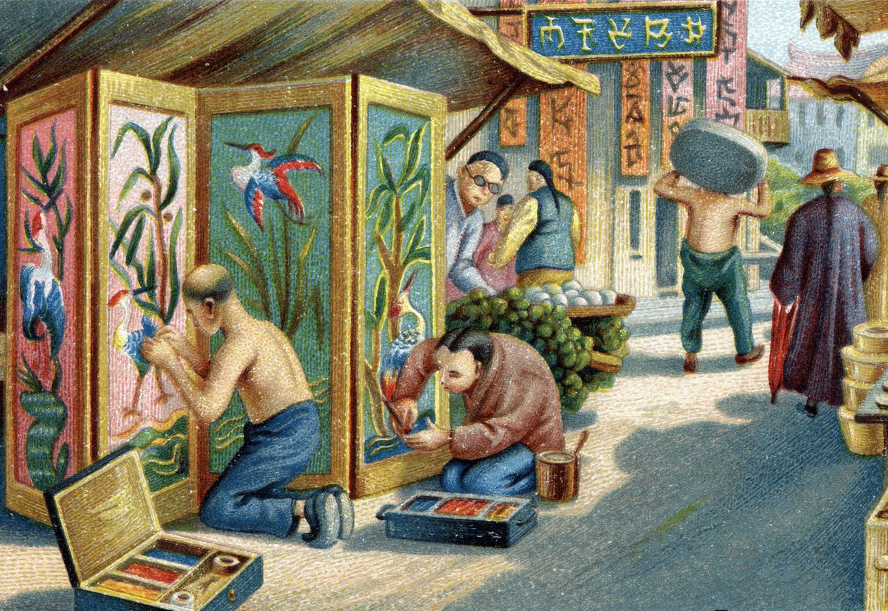 Utcán dolgozó kínai plumassierek: tűvel és tollal paneleket vagy paravánokat készítenek. századi kromolitográfiája alkotó: Unknown artist