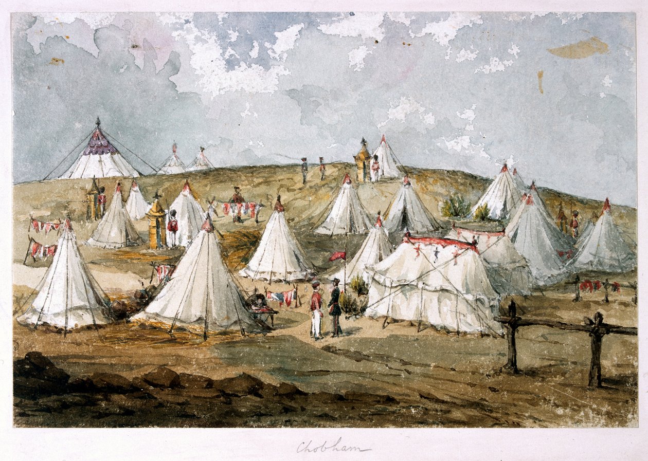 „Chobham, Hodges ezredes”, a Grenadier Guards tábor sátora. A királynő sátra a domb fölött” (akvarell) alkotó: Unknown artist