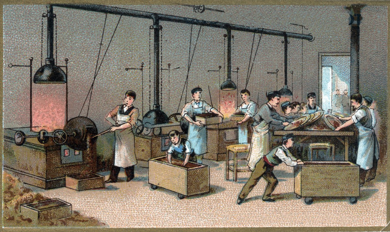 Csokoládé készítés. Kakaótorrefikációs szoba. A 19. század végének kromolitográfiája alkotó: Unknown artist