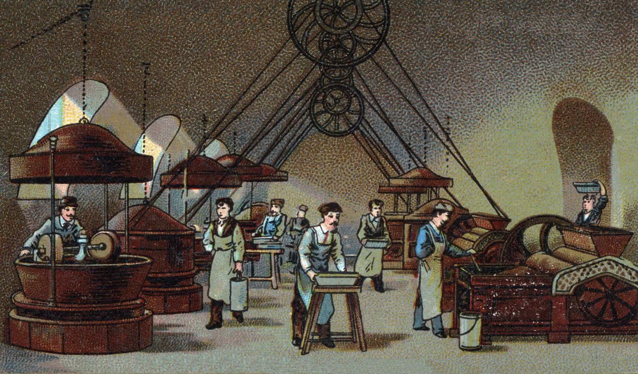 Csokoládégyártás: darálóműhely. század végi kromolitográfiája alkotó: Unknown artist