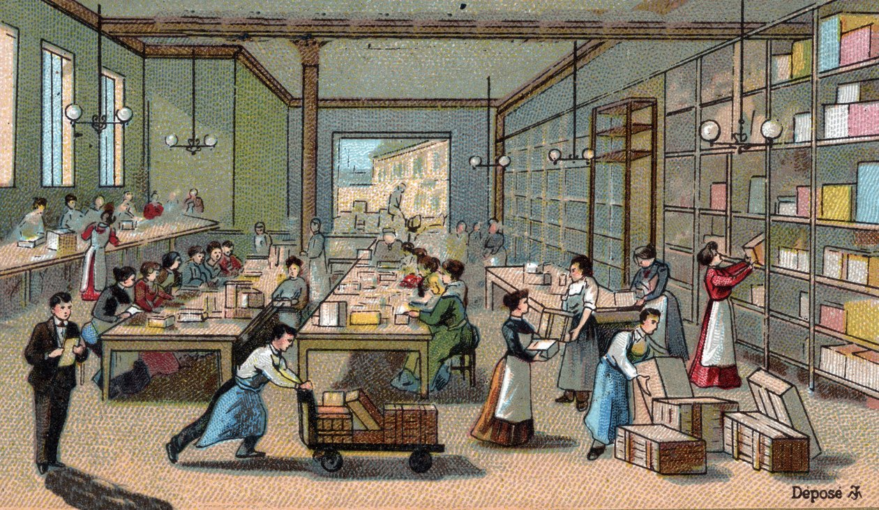 Csokoládé gyártás: csomagolás, szállítás. század végi kromolitográfiája alkotó: Unknown artist