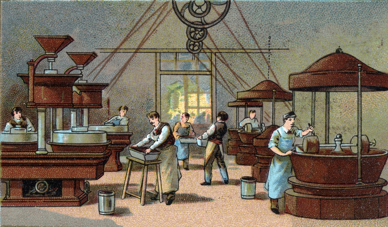 Csokoládé gyártás, keverő szoba. század végi kromolitográfiája alkotó: Unknown artist