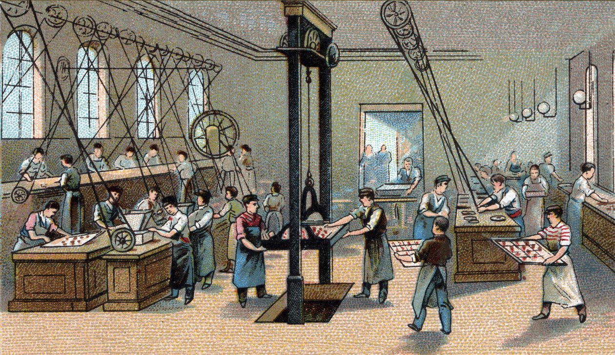 Csokoládé gyártás: fröccsöntés. század végi kromolitográfiája alkotó: Unknown artist