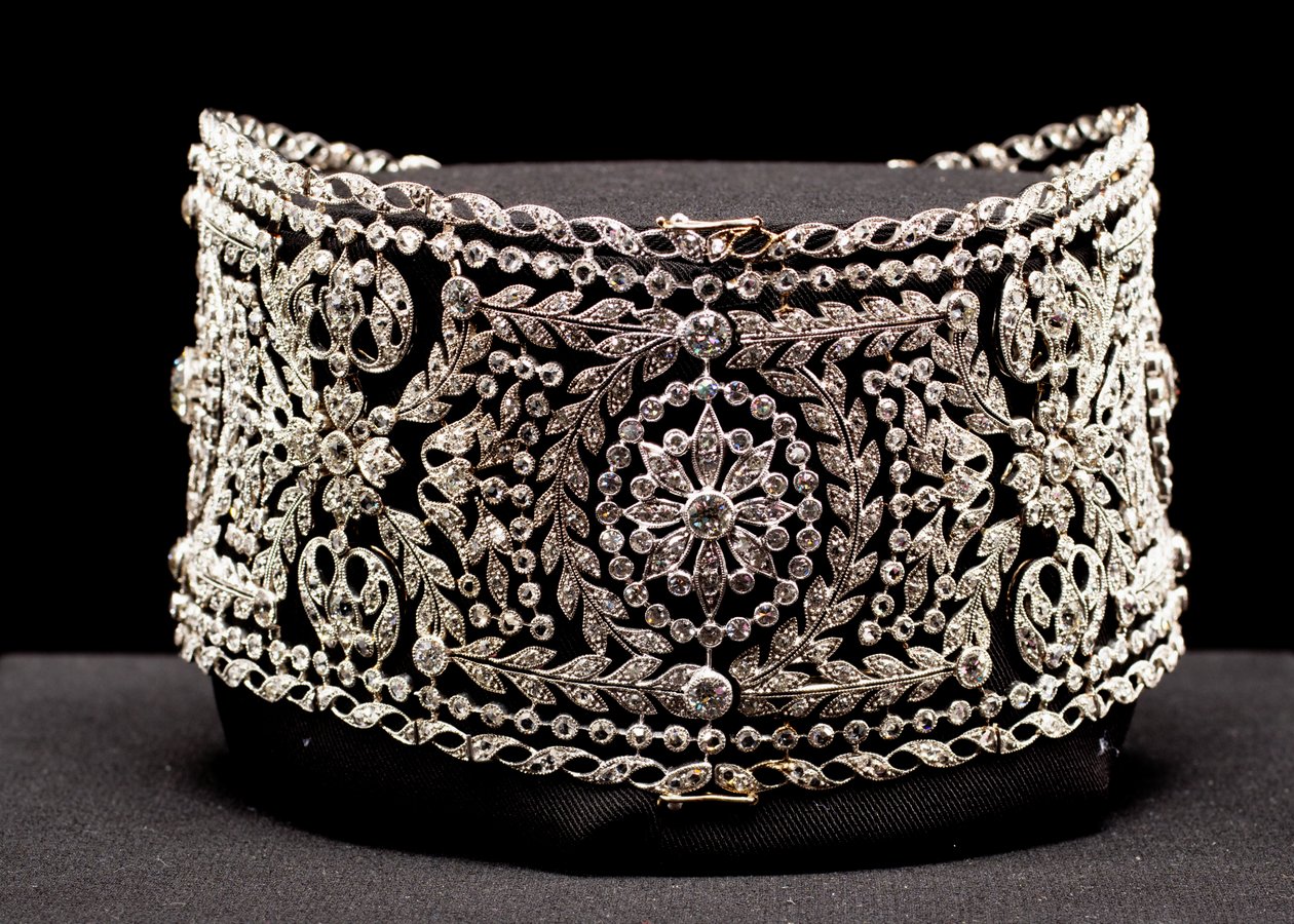 Choker-stílusú nyaklánc platinából és gyémántokból, Mrs. Potter Palmer I, szül.: Bertha Honoré alkotó: Unknown artist