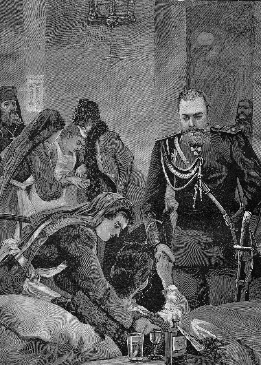 Kolera Oroszországban 1892-ben: III. Sándor, Oroszország császára és felesége, Maria Fedorovna, Oroszország császára kórházba látogat. Metszet 1892-ből. alkotó: Unknown artist