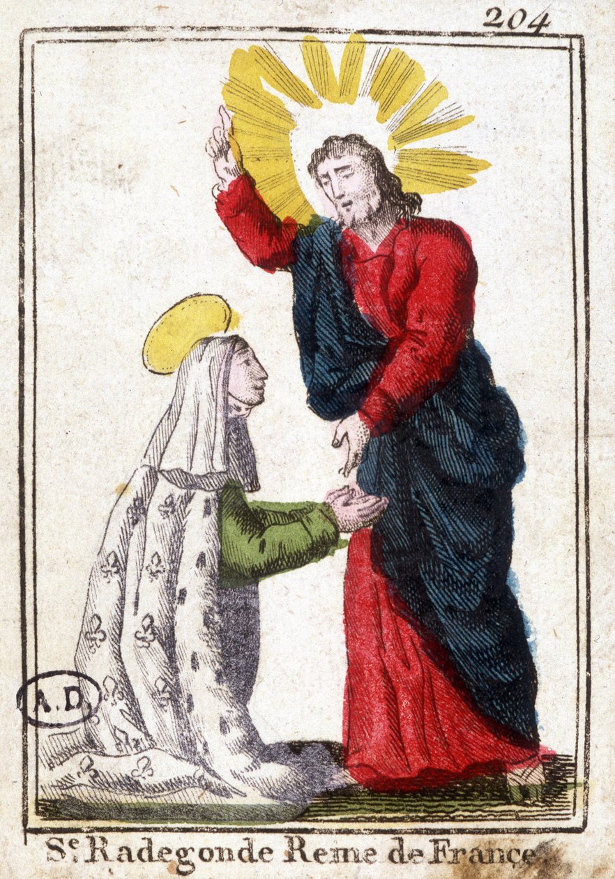 Krisztus és Szent Radegonde (kb. 520 - 587), Franciaország királynője, Clotaire (Clothaire) felesége I. Jámbor kép. század elejéről származó metszet. Bibliotheque des Arts décoratifs de Paris. alkotó: Unknown artist