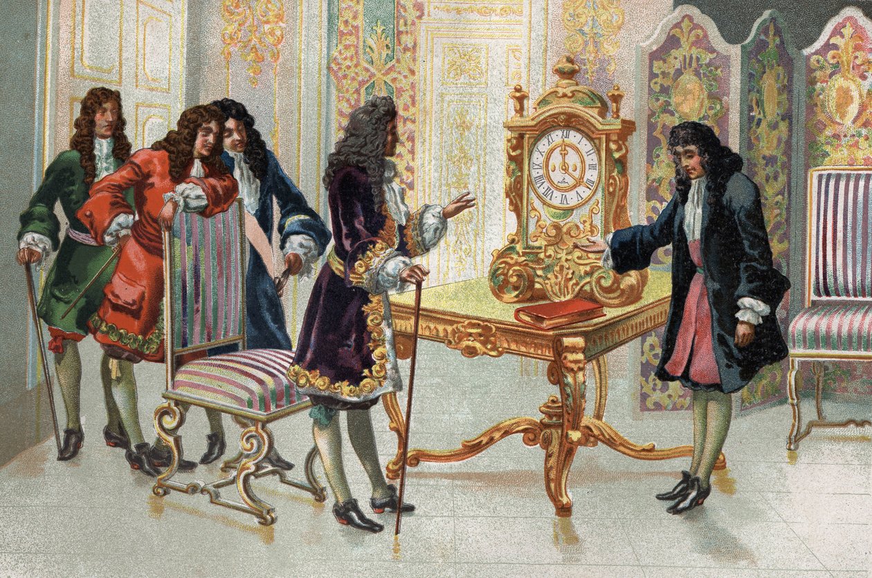Christiaan Huygens (1629-1695), holland matematikus és csillagász, bemutatja óráját XIV. Lajosnak. alkotó: Unknown artist