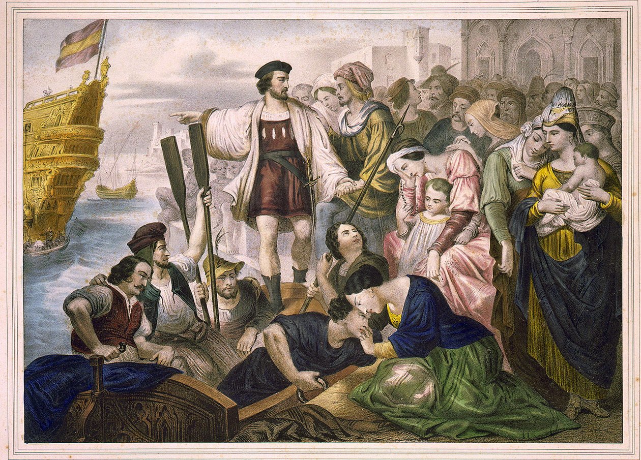 Kolumbusz Kristóf és a Pinzon fivérek 1492.08.03-án elhagyják a spanyolországi Palos kikötőjét az Újvilágba. Gravírozás sd. 19. század 2. fele. alkotó: Unknown artist