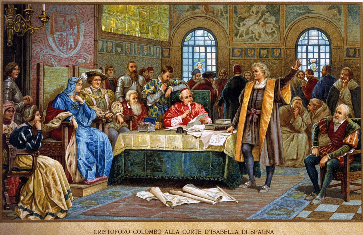 Kolumbusz Kristóf a spanyol Izabella 1. udvarában, akit katolikusnak vagy kasztíliainak neveznek. századi kromolitográfia. alkotó: Unknown artist