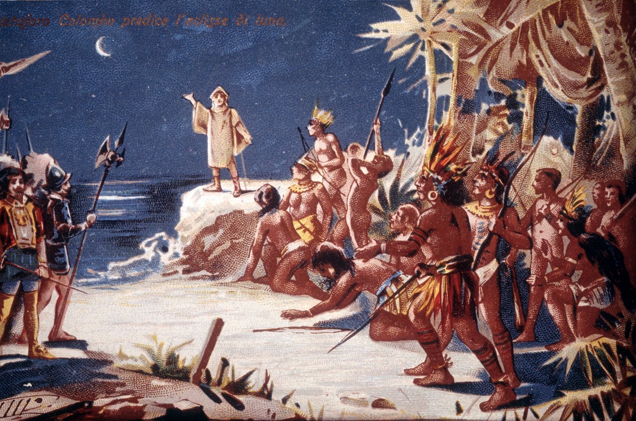 Kolumbusz Kristóf holdfogyatkozást jósolt az indiánoknak. 19. századi kromolitográfia. alkotó: Unknown artist